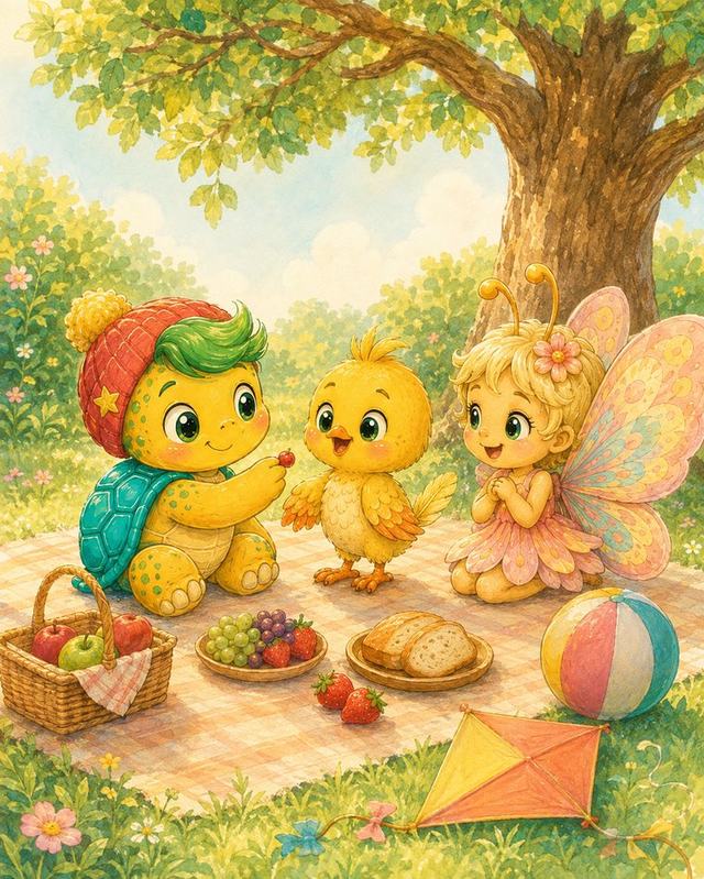 Rocky, el pajarito y Lulú disfrutando de un picnic juntos bajo un árbol