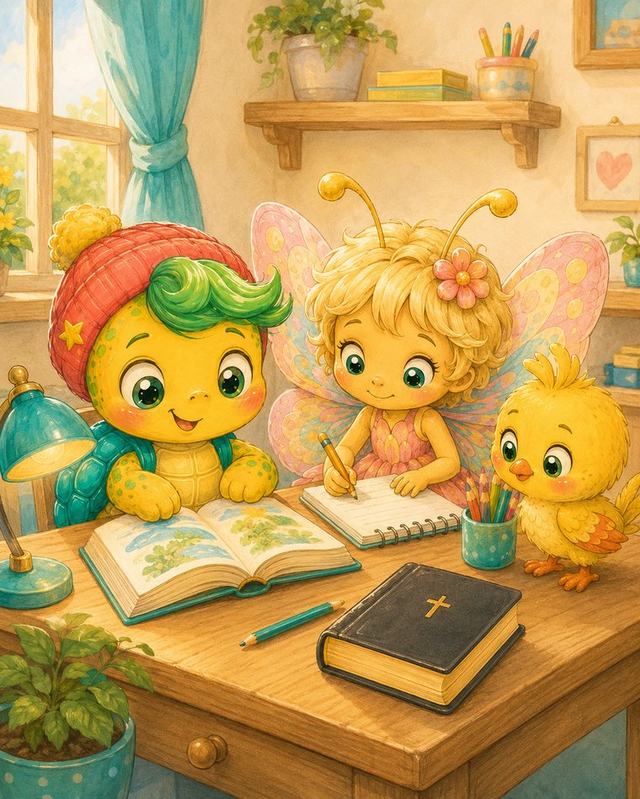 Rocky y Lulú estudiando juntos en un escritorio junto a la Biblia y el pajarito