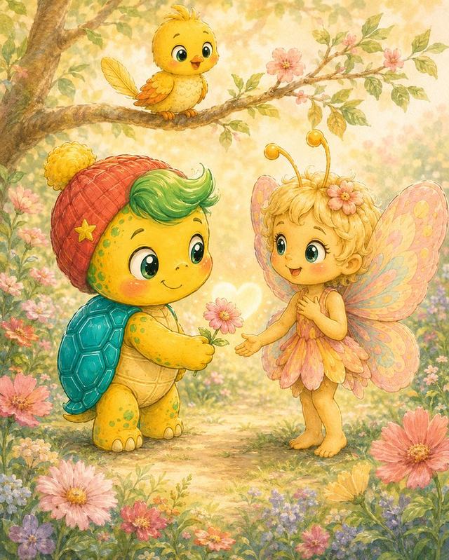 Rocky regalándole una flor a Lulú con un corazón brillando entre ellos